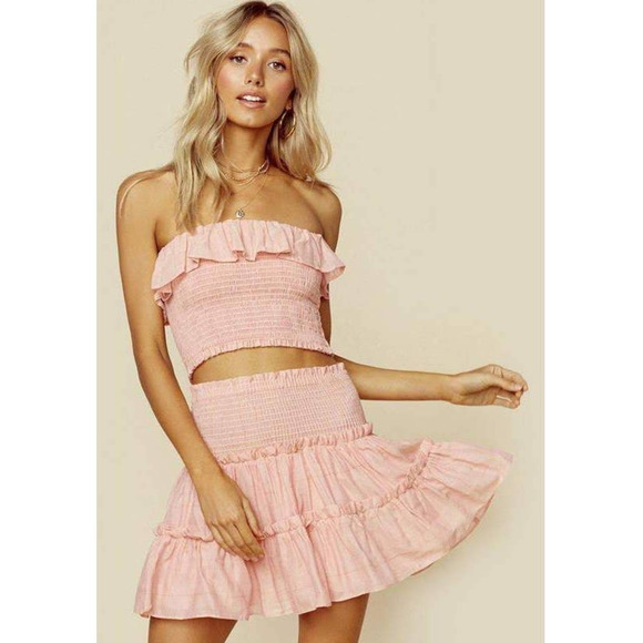 NEW Blue Life Patti Tube Top Apricot Pink Striped Ruffle Smocked - Picture 2 of 8